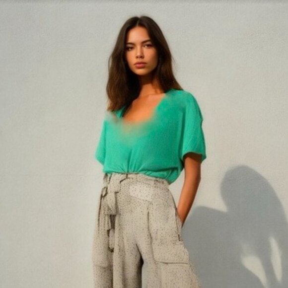 Zara   Crop Top Short Sleeve  V neck draw string  Front Tie  Mid Green - Picture 1 of 11